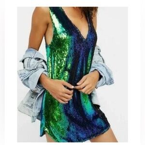 Free People Intimately Changing Prism Blue Green Sequin Mini Dress NWT Size XS